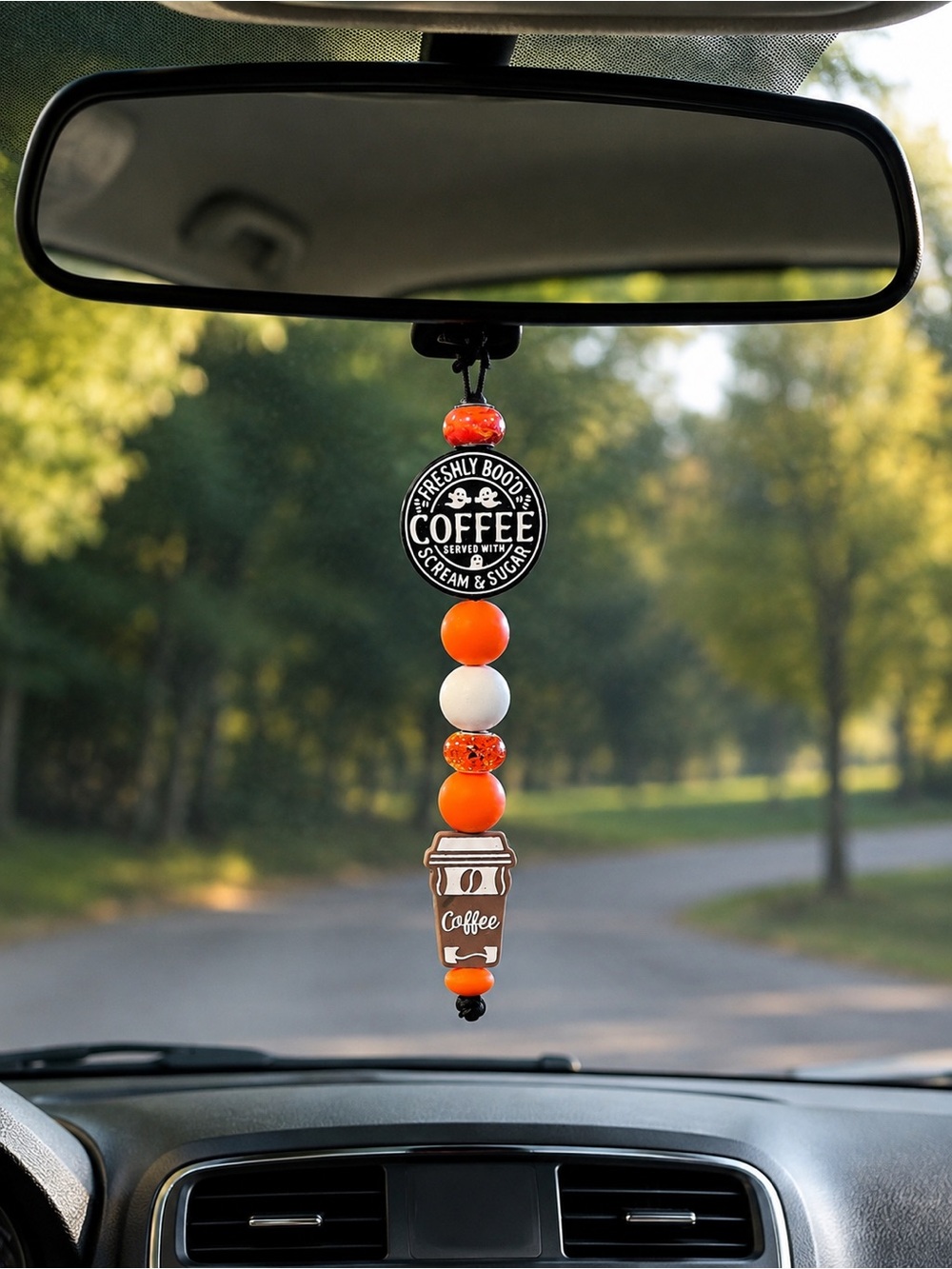 Coffee-Themed Halloween Orange and White Hanging Car Charm